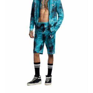True Religion Men's Tie Dye Activewear Sweat Shorts in Black Turquoise Size L